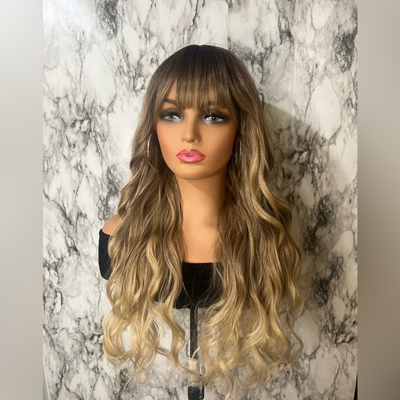 24 Inch Ombre Brown Rooted & Blonde highlights Wavy Hair with bangs Lon… - Picture 6 of 11